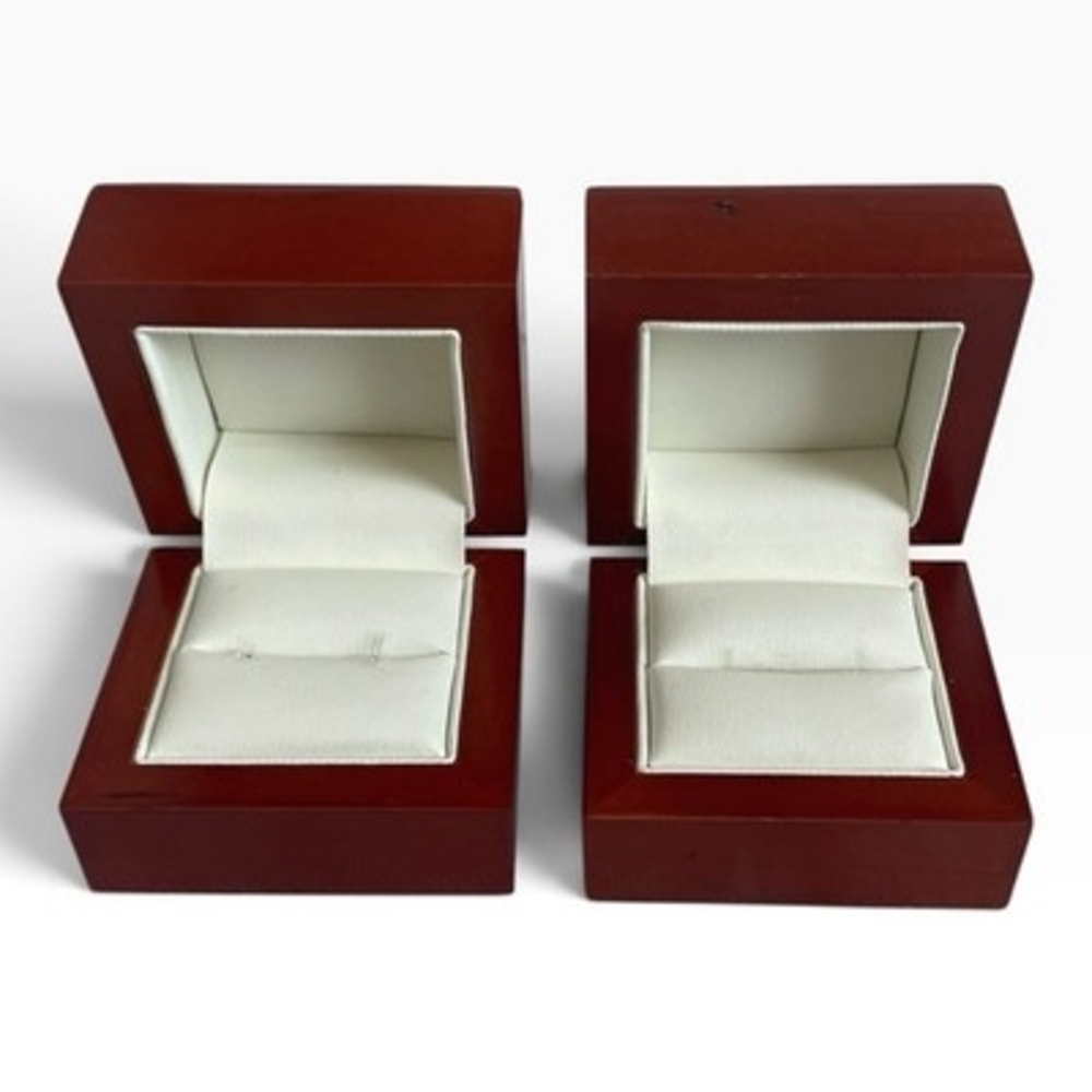 Glossy Mahogany Wood Double Slot Ring Box Set of 2 White Leather Interior